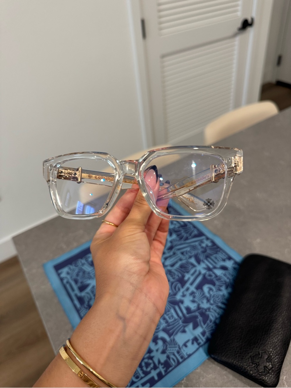 Chrome Hearts Clear Frame Glasses With Gold Plated Side Embellishments